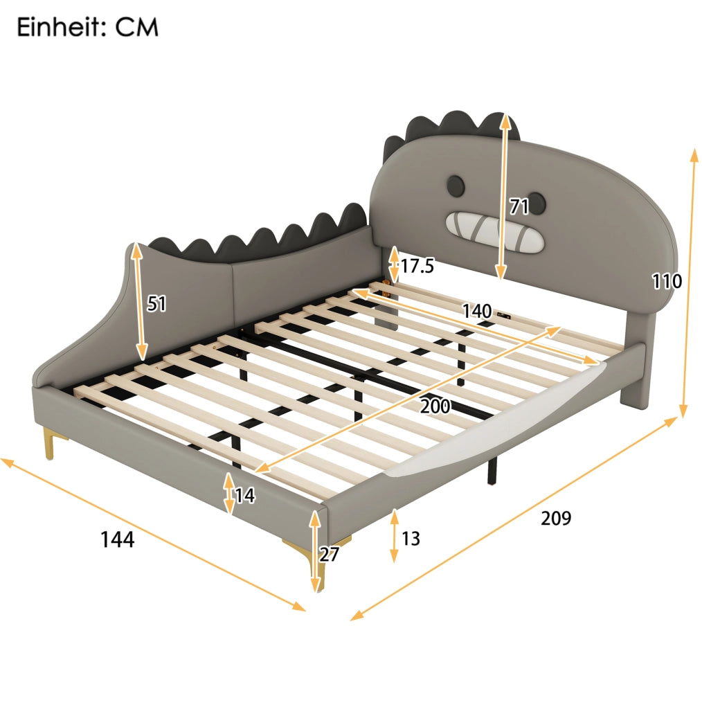 Letto per bambini 140x200 cm; design dinosauro; PU e MDF; grigio