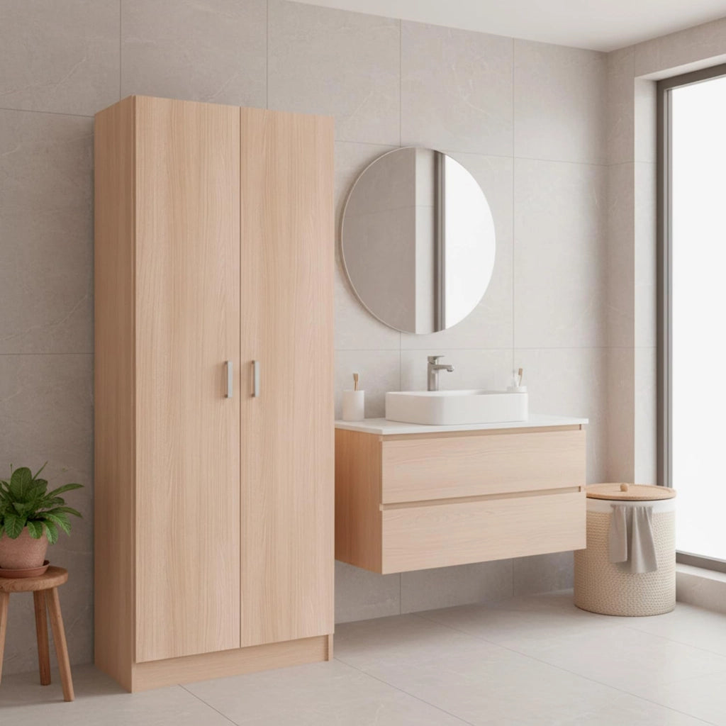 Armadio Multiuso A 2 Ante E 8 Ripiani Regolabili Mobile Armadietto Salvaspazio Per Bagno Lavanderia Ingresso Camera Da Letto Struttura Compatta E Capiente 180 x 59 x 37 Cm Colore Rovere