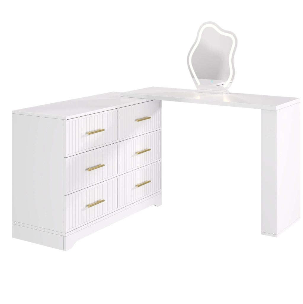 Toeletta girevole con specchio LED, 6 cassetti, bianca e oro