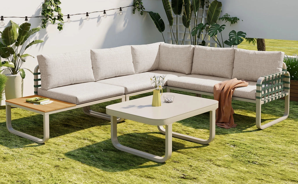 Set salotto giardino 4-5 persone: rattan; Divanooo esterno; cuscini seduta/schienale; crema albicocca