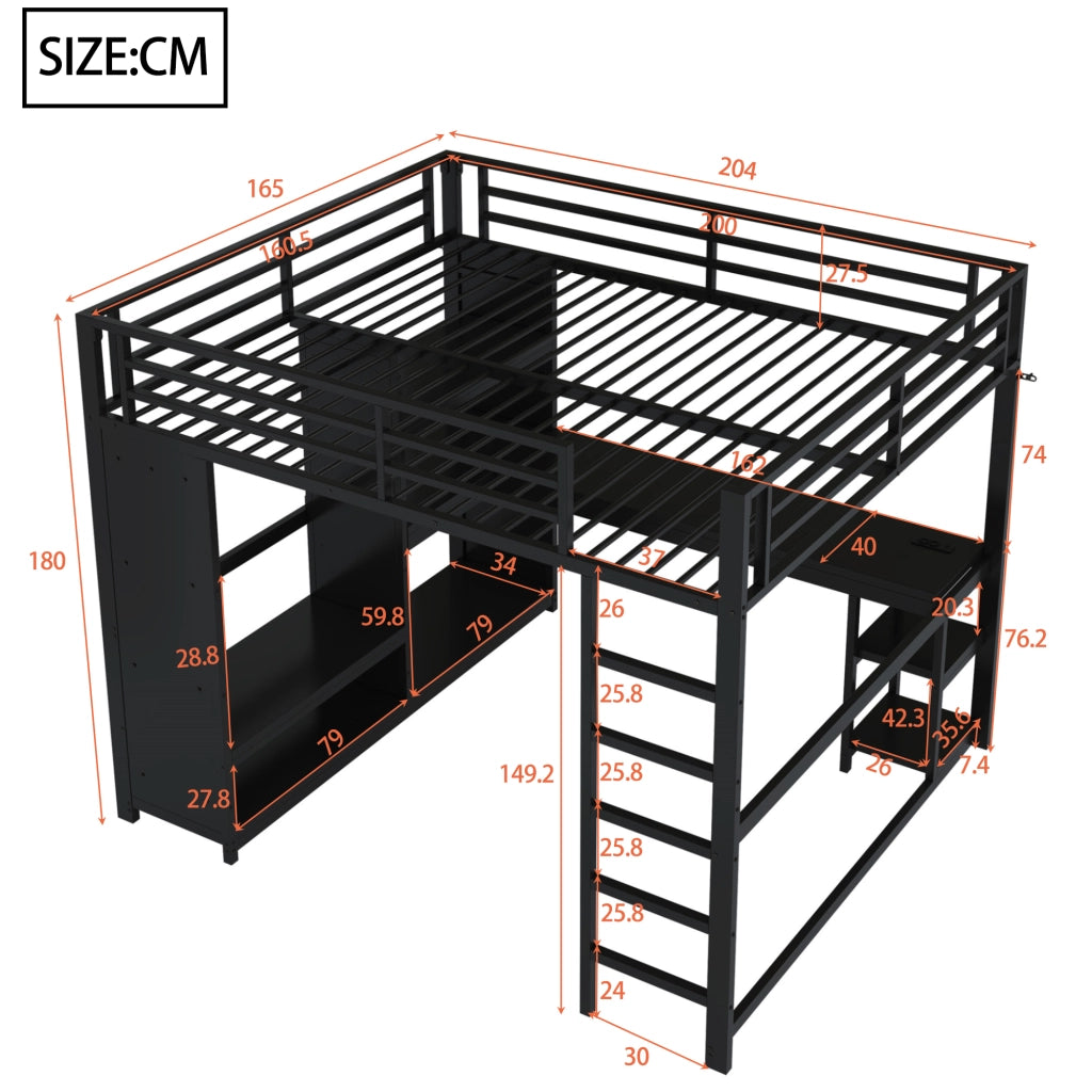 LETTO a soppalco 160x200 cm in metallo nero con scrivania, armadio aperto e LED