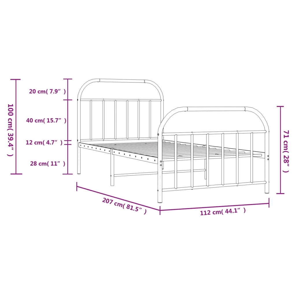Letto singolo | Letto per adulti | Giroletto con Testiera e Pediera Metallo Nero 107x203 cm