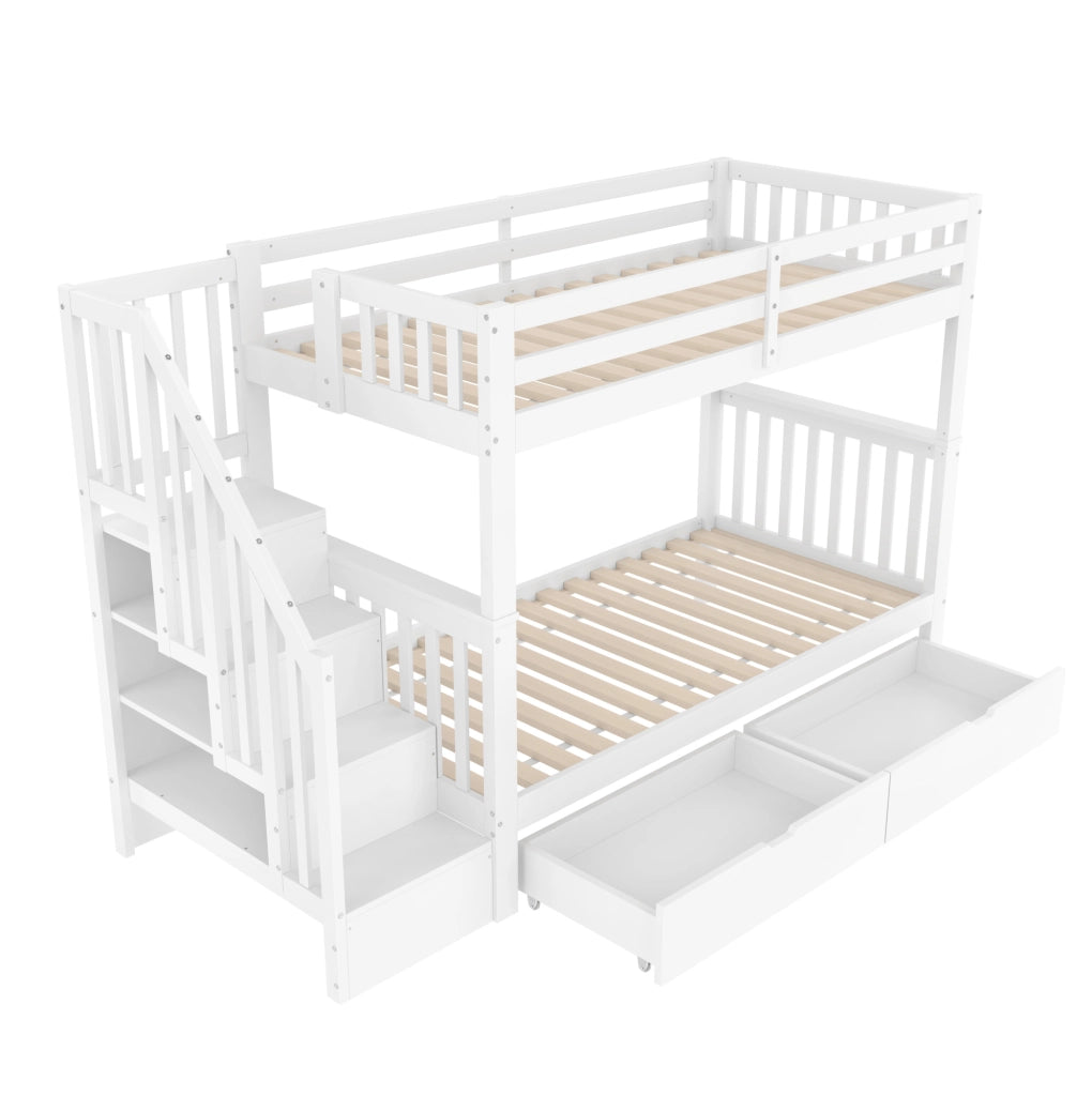Letto a castello ULEVR 90x200 cm con scala a ripiani, 2 cassetti e sponde alte, bianco