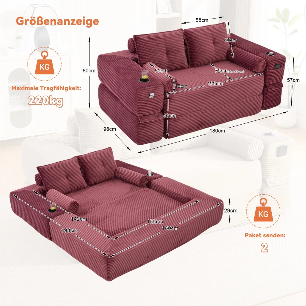 Divano letto in velluto a coste con cuscini memory, tasche laterali e portabicchieri, vino rosso 180 × 98 × 80 cm
