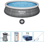 Piscina Opblaasbar Rettangolare Fast Set con Stampa Rattan - 457 x 84 cm - Compreso Pompafiltro - Tenda Solare - Kit Pulizia