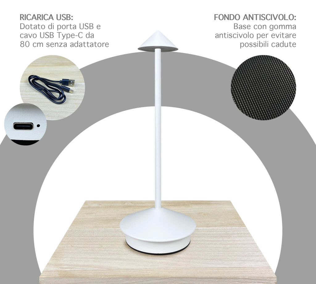 Coppia Di Lampada Da Tavolo LED Set 2 Pezzi Design Moderno Senza Fili Ricaricabile Controllo Touch Selezione Colore Intensità Dimmerabile Altezza Regolabile Con Adattatore Per Bottiglia 3000/4500/600K  2Pz-Arrow-Bianco