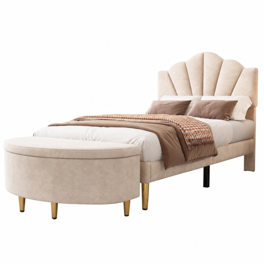 Letto imbottito in velluto beige 90x200 cm con testiera regolabile, rete a doghe in legno e metallo, panca contenitore