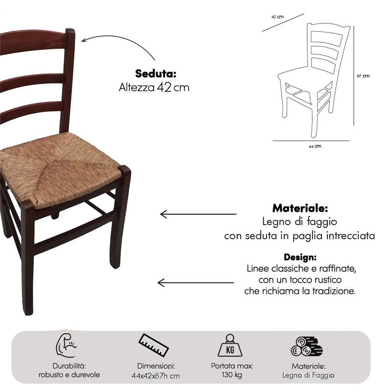 SEDIA IN LEGNO COLORE NOCE 45×45×85 CM MODELLO PAESANA CON SEDUTA IN PAGLIA GREZZA E SCHIENALE ALTO - 2PZ