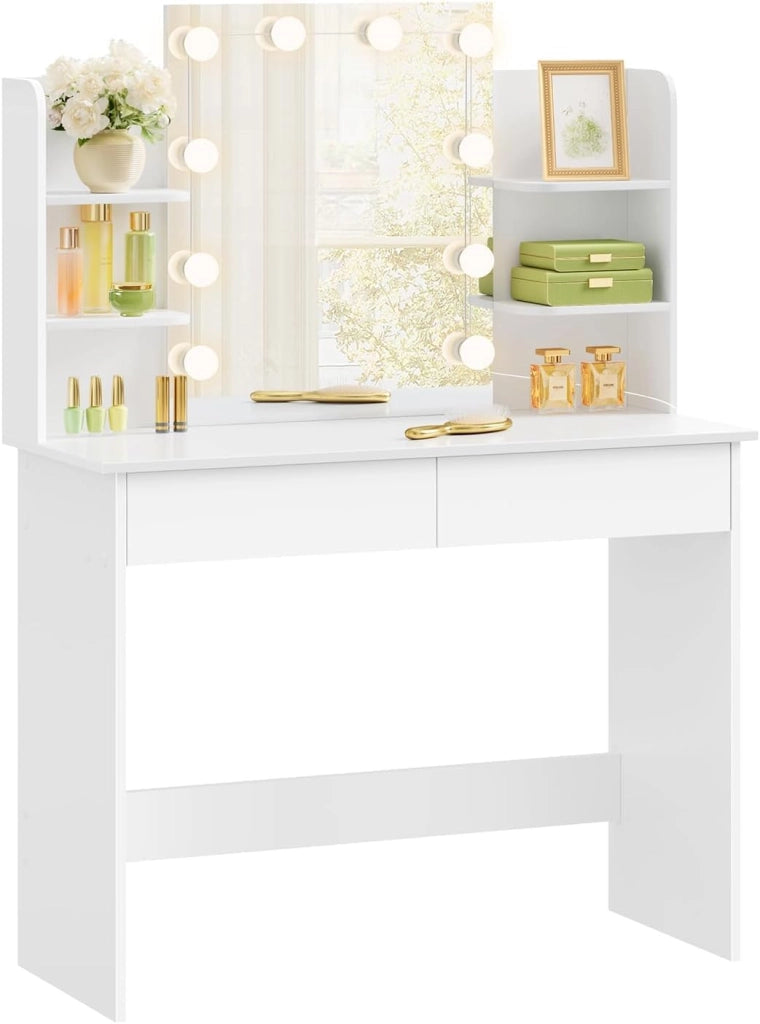 Postazione Trucco, Toeletta Trucco con Luci, Toeletta Trucco,Scrivania con Specchio e 10 Lampadine LED Dimmerabili,2 Cassetti e 4 Ripiani,Comò per Camera da Letto in Legno, Bianco, 90x40x135cm