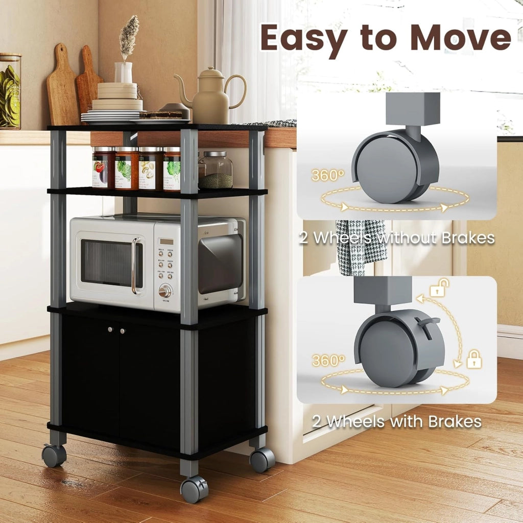 Carrello da Cucina a 3 Livelli per Microonde, Carrello Portaoggetti con Ruote e Armadio con Porta, Carrello di Servizio in Legno, Organizer per Sala da Pranzo, 60 x 40 x 98 cm (Nero)