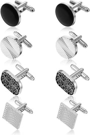 Manopole per Cravatta Uomo - 4 Paia - Argento/Nero - Design Classico - Circolari/Quadrati/Disegno a Tessuto - Adatti per Matrimoni e Feste da Ballo