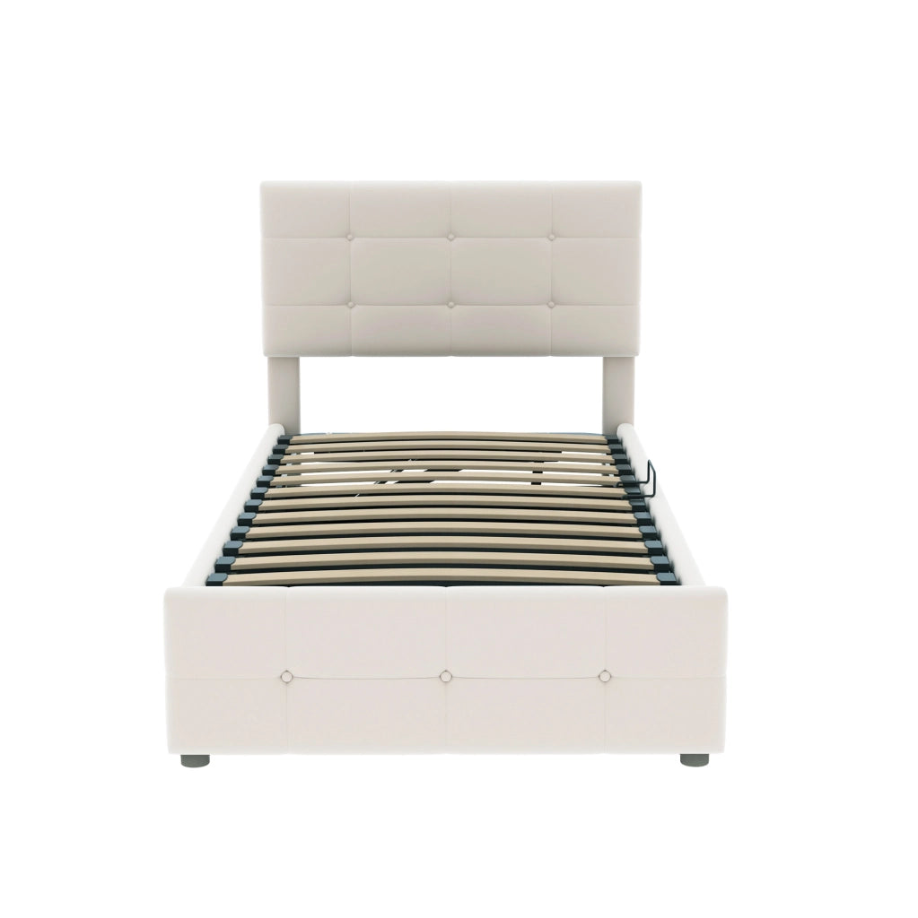 Letto imbottito bambini 90x200 cm; contenitore idraulico; velluto beige (Senza materasso)
