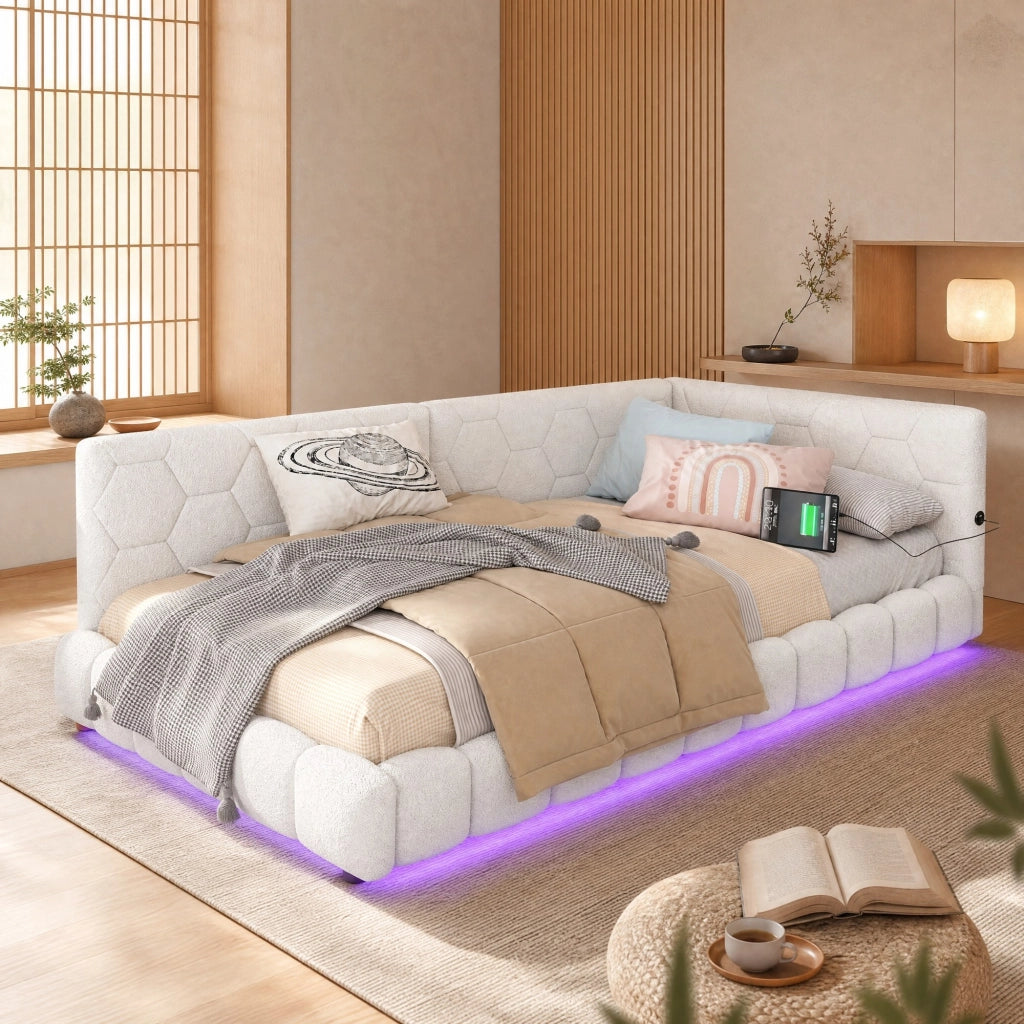 LETTO DAYBED 90x200 cm Bianco in Vliesimitat e MDF con LED, USB e Tipo-C