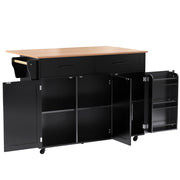 Isola da Cucina Mobile 129x46/71x91,5 cm Nera e Legno con Piano Ribaltabile, 2 Cassetti e 5 Ruote
