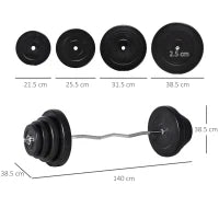 Set di Bilanciere e Dischi da 70 kg totali con 8 Pesi, Bilanciere Palestra Regolabile Antiscivolo in Acciaio, Plastica e Sabbia, Barra Ø25 mm, 140x38.5x38.5cm, Nero