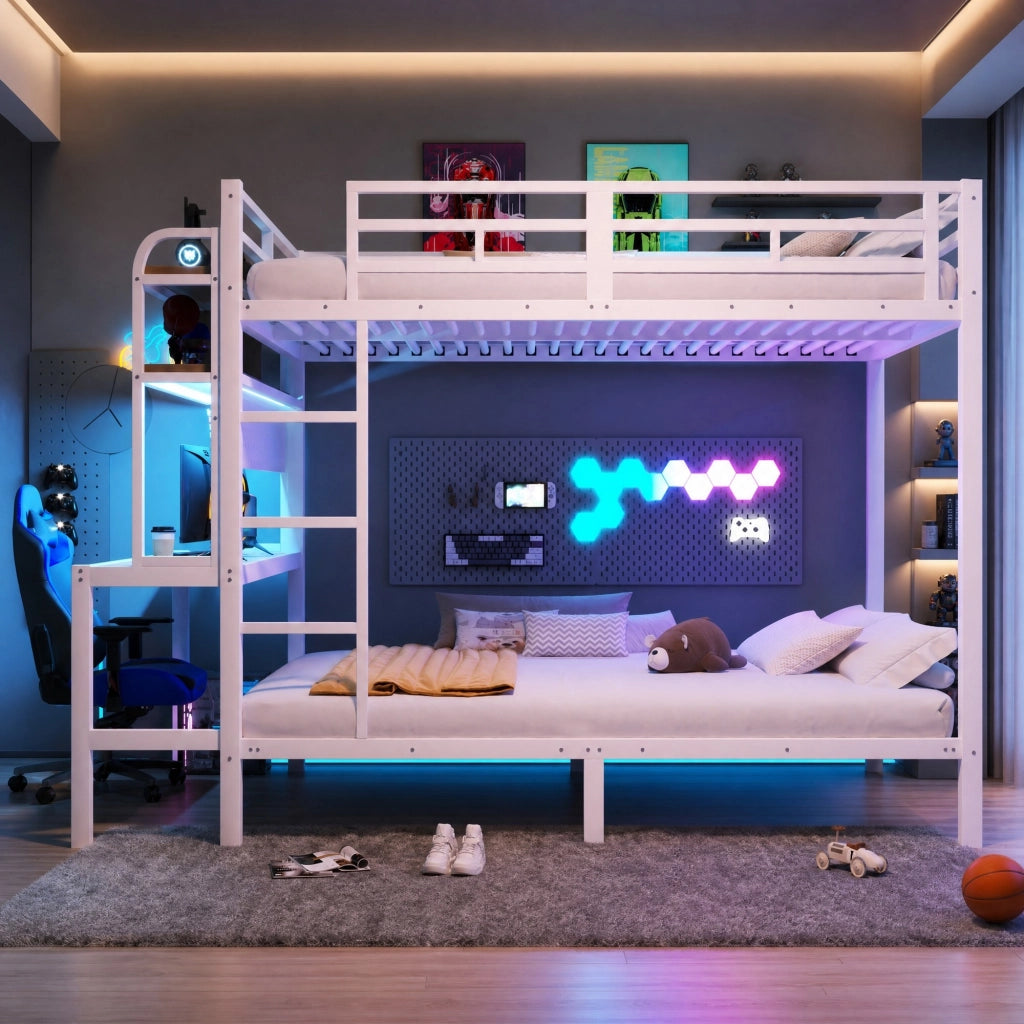 Letto a castello 140x200 cm in metallo e MDF; con scrivania; ripiani; LED e USB; bianco
