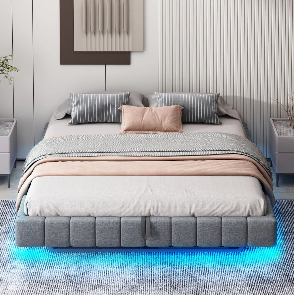 Letto imbottito sospeso 180x200 cm con LED e vano contenitore