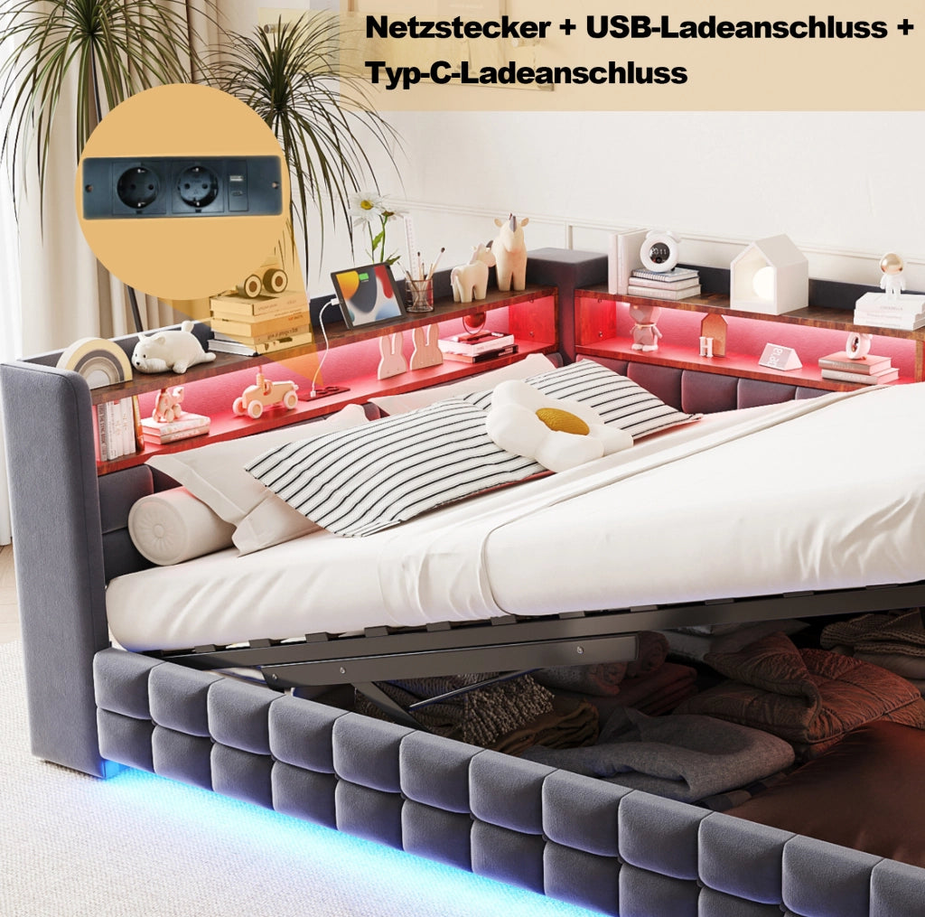 Divano letto imbottito con contenitore 140x200 cm; velluto grigio; LED; prese USB e Tipo C