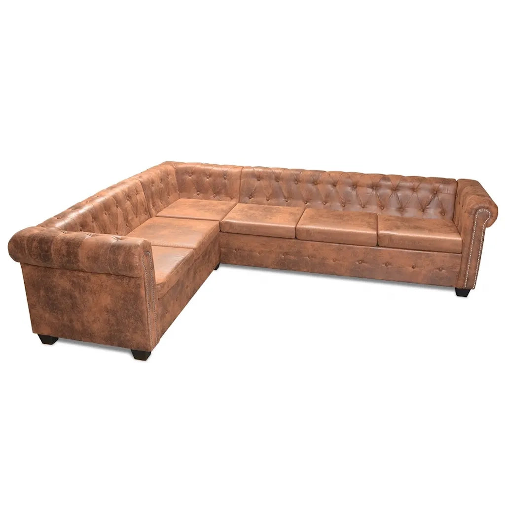Divano Angolare Chesterfield 6 posti Pelle Artificiale Marrone 243618