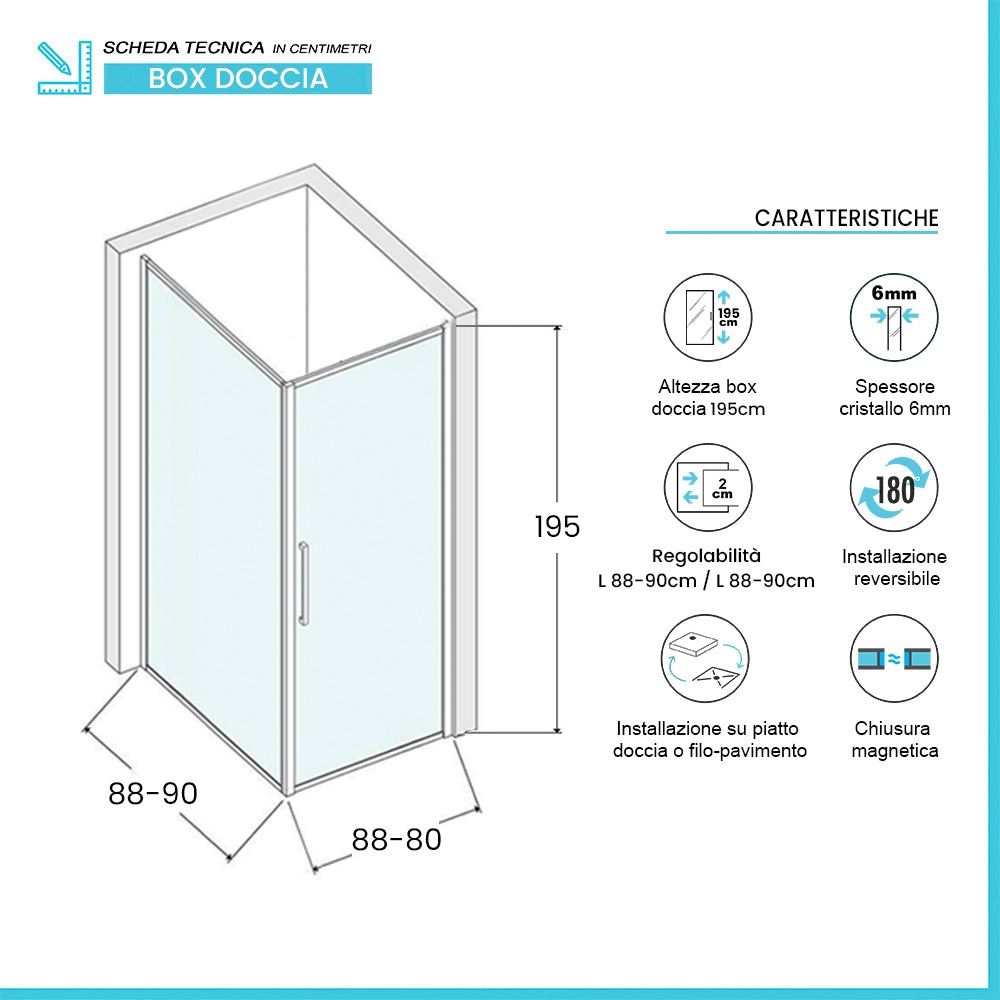 Box doccia angolare 90x90 in vetro temperato trasparente battente con profili cromo Neos