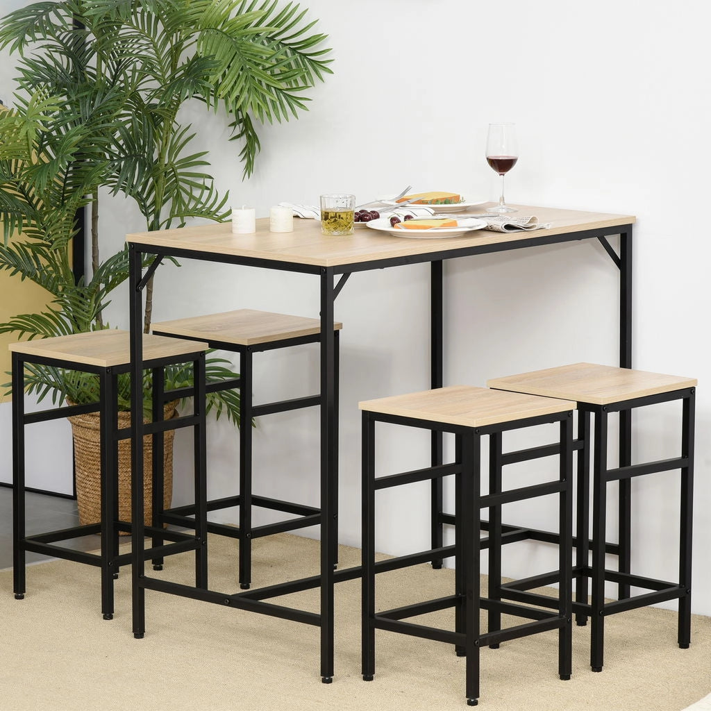 SET TAVOLO ALTO CON 4 SGABELLI STILE INDUSTRIALE IN METALLO E LEGNO