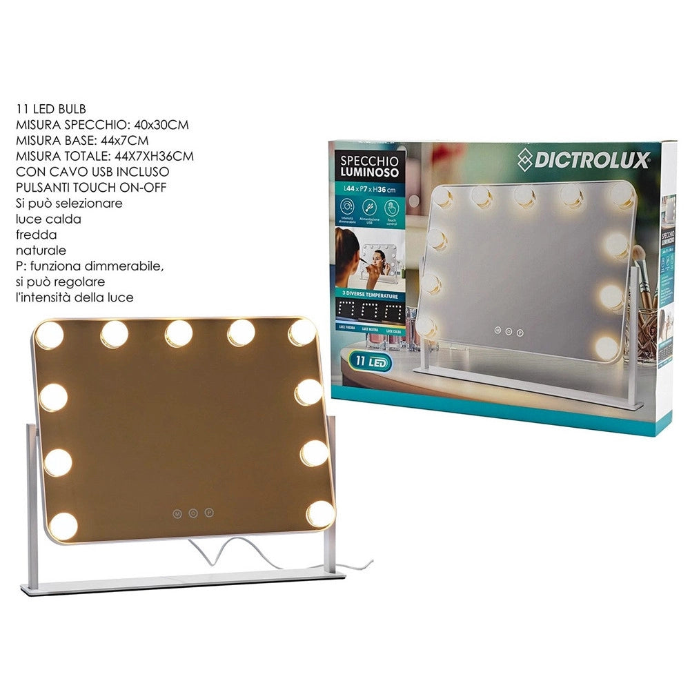 Trade Shop - Specchio Luminoso 11 Led Controllo Touch 3 Temperature Luce Dimmerabile Stile Hollywood -