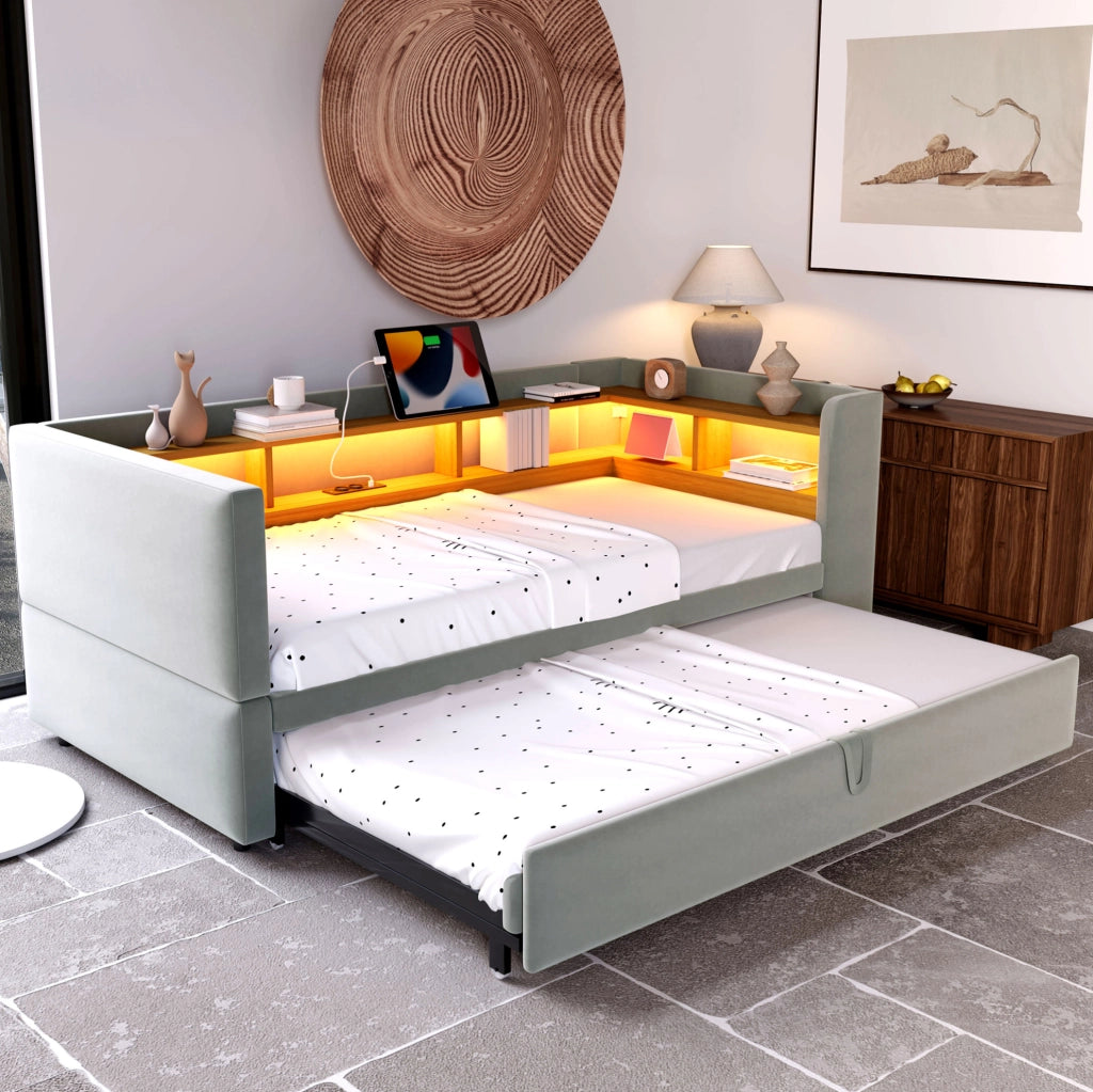 Divano letto 90/180x190 cm con LED; prese e vani contenitore; in flanella grigio chiaro