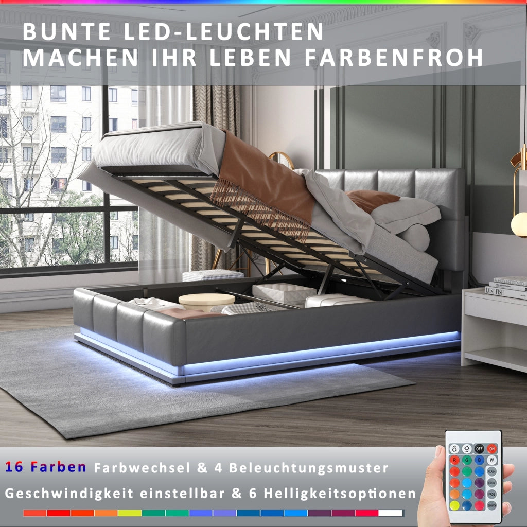 Letto Contenitore 160 x 200 cm; Letto Matrimoniale - LED e Testiera Regolabile - Grigio