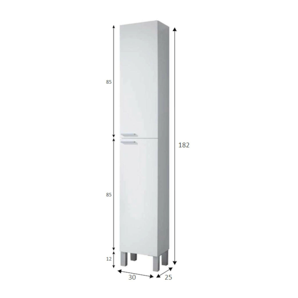 Colonna Bagno Ark, Mobile a colonna per bagno a 2 ante, Armadio pensile sospeso con 2 ripiani, cm 30x25h182, Bianco lucido
