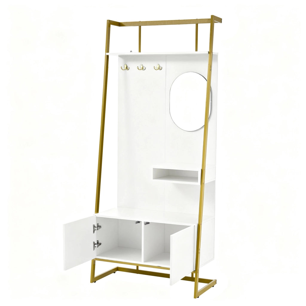 Mobile ingresso compatto con specchio; ganci e scarpiera; 78x38;5x180;5 cm; bianco in MDF