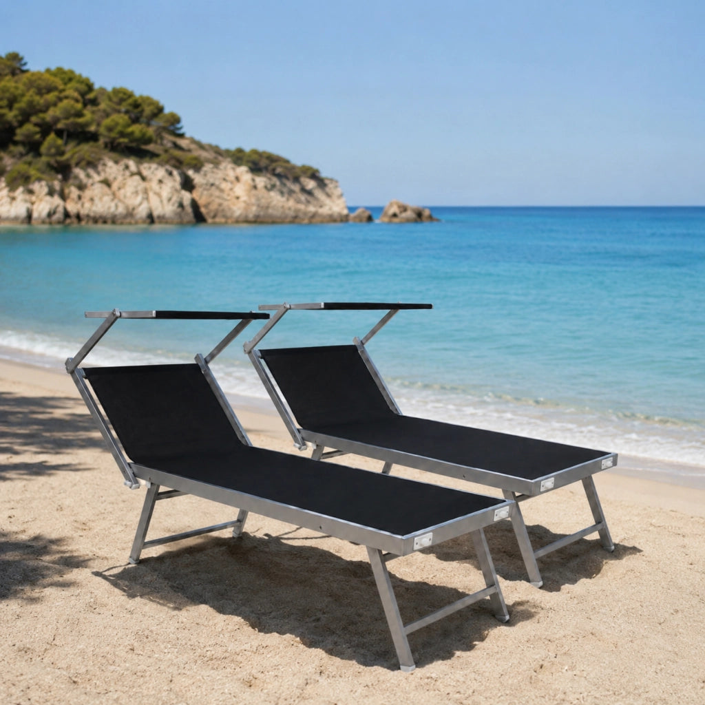Set 2 Lettini Prendisole Pieghevoli Professionali In Alluminio Leggero Con Tettuccio Parasole Regolabile Sdraio Relax Mare Spiaggia Piscina Giardino Terrazza 182 x 60 x 38 Cm Nero