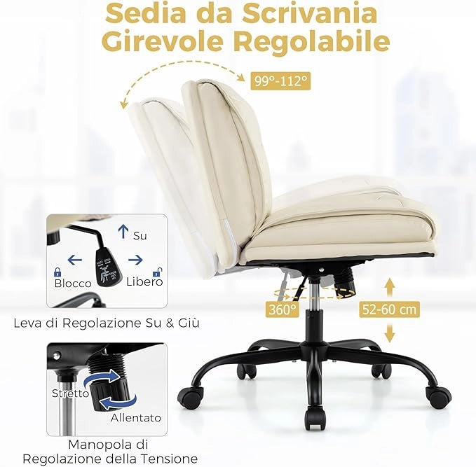 Sedia Ufficio con Ruote, Sedia da Scrivania Senza Braccioli con Schienale e Sedile Ampi, Altezza Regolabile, Meccanismo a Gas, Girevole a 360°, Portata 150 kg