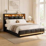 Letto matrimoniale con contenitore idraulico, testiera con vani, LED RGB, pelle sintetica nera, 140x190 cm, con porte USB e presa di corrente