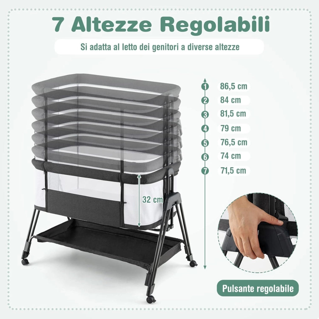 Lettino per Neonati, Culla Portatile Pieghevole con Ripiano Portaoggetti, 7 Altezze Regolabili, Materasso e Borsa per Trasporto (Grigio Scuro)