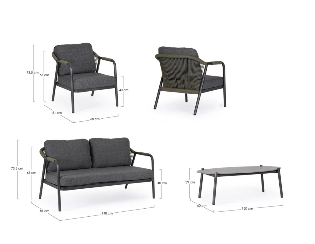 Set 4 Pezzi Salotto da Giardino con Divano 2 Poltrone e Tavolino in Alluminio Corda Poliestere e Pietra Sinterizzata