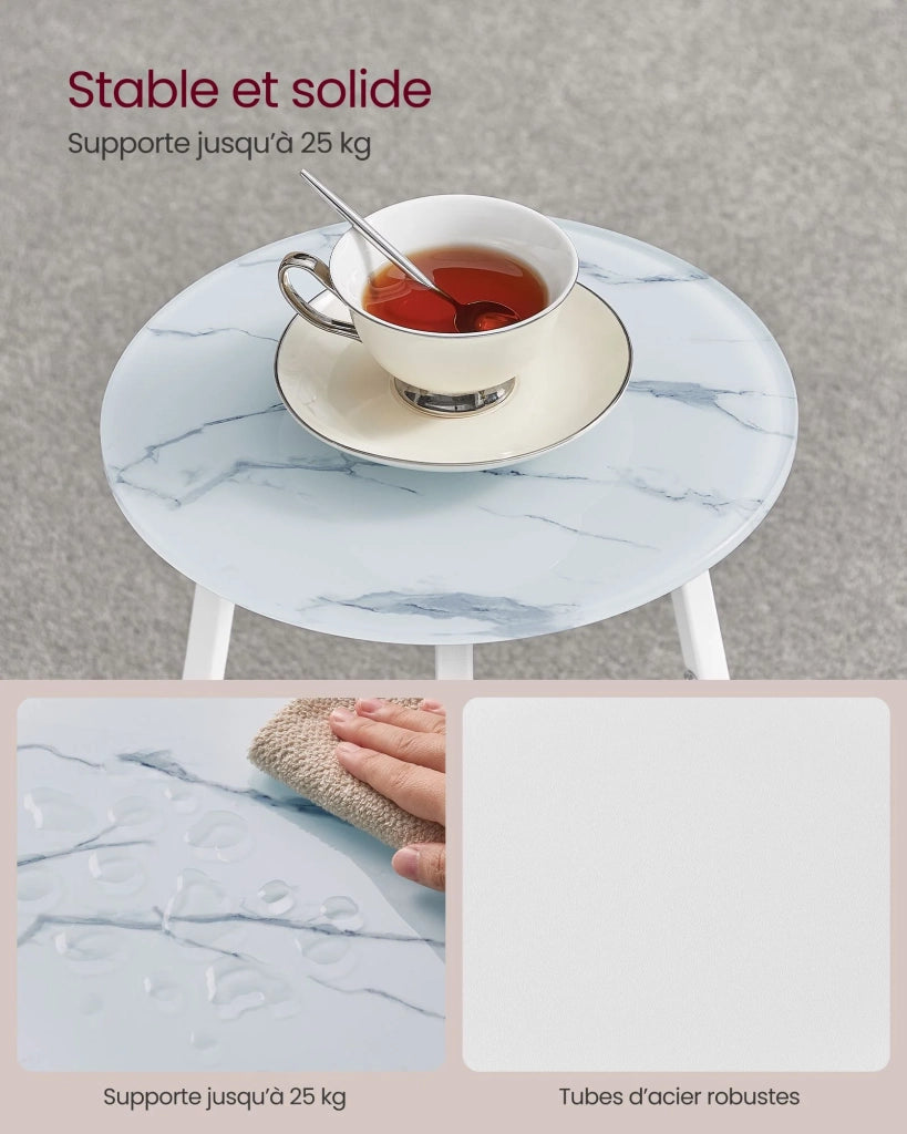 Tavolino rotondo comodino a 2 ripiani tavolino con piano in vetro e ripiano in truciolare per soggiorno piccoli spazi stile moderno effetto marmo bianco 12_0007567