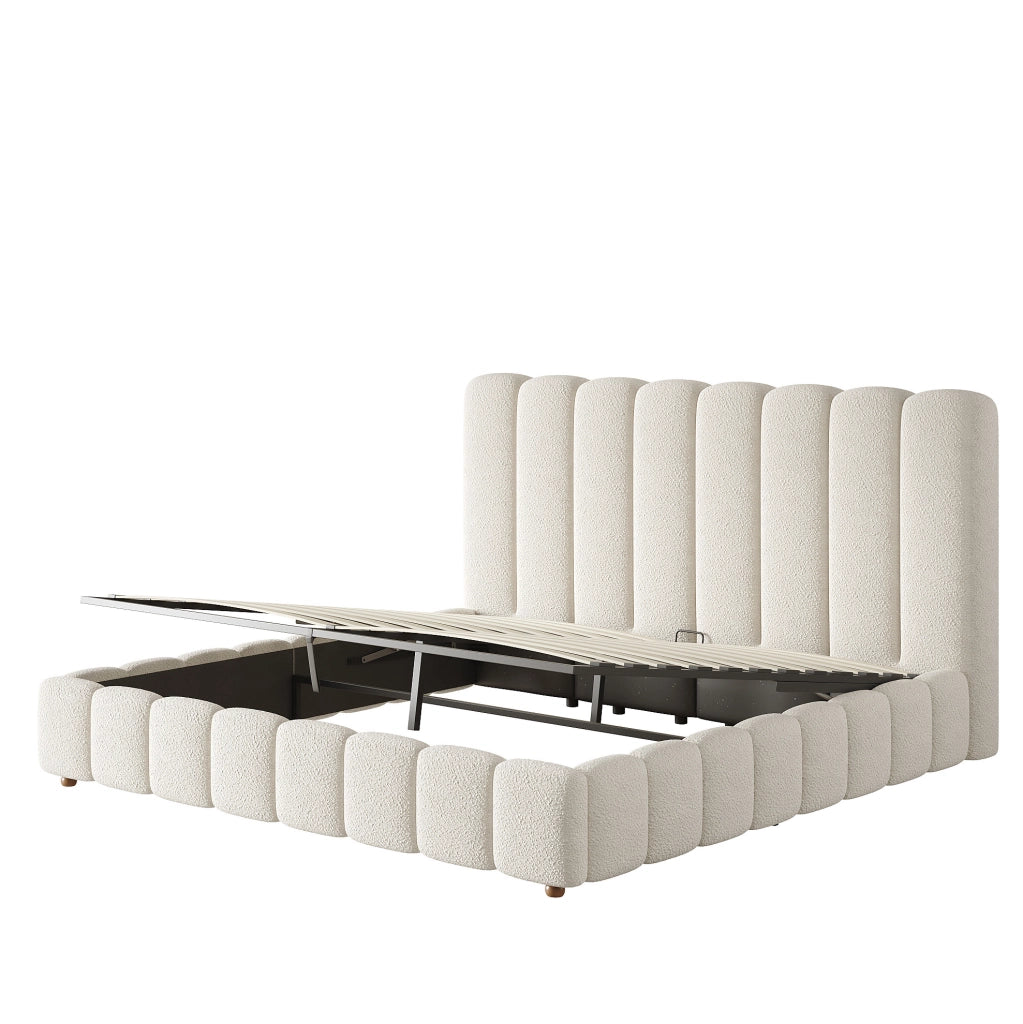 Letto matrimoniale imbottito 160x200 cm con contenitore idraulico; rivestimento Bouclé bianco