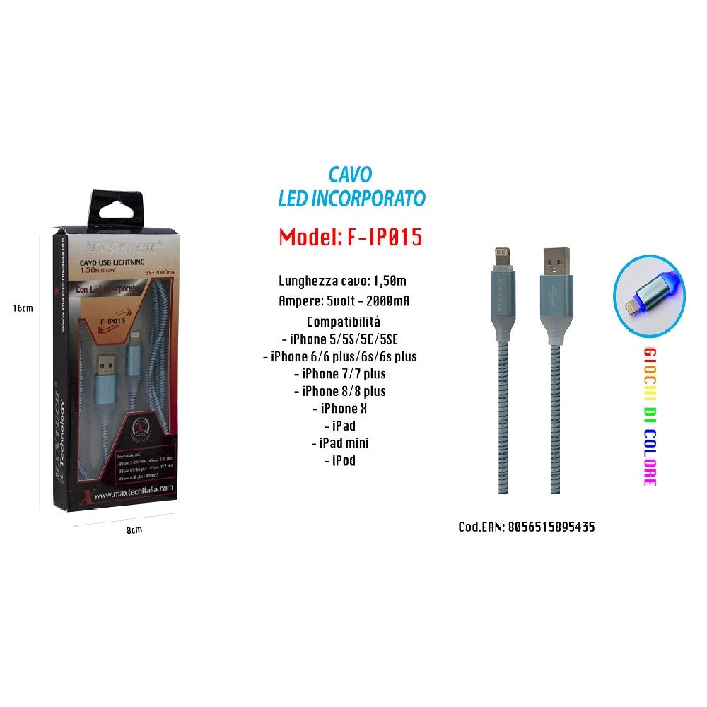Trade Shop - Cavo Ricarica Led Incorporato Per Iphone Ipad Ipod 5volt-2000ma Maxtech F-ip015 -