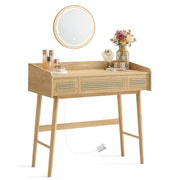 Toeletta con specchio e luce tavolo da trucco con 3 cassetti finto rattan luce regolabile con 3 tonalità di colore stile bohémien camera da letto beige 12_0006048