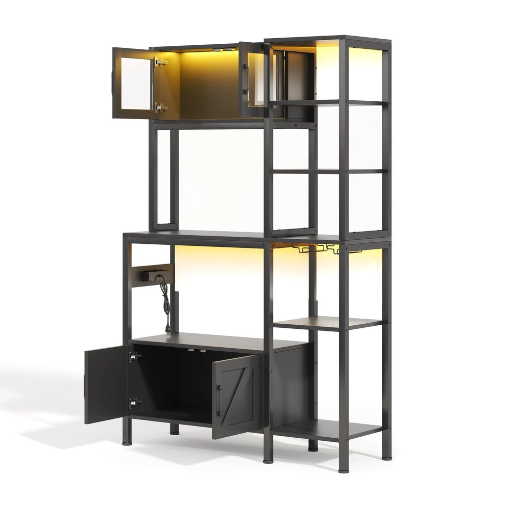 Libreria da Cucina con Presa e LED ¨C MINIMAL ¨C Scaffale Vino e Microonde, Legno, 180x115 cm