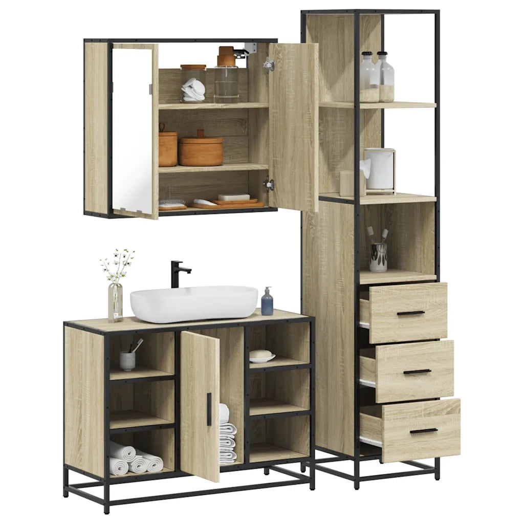 Set Mobili da Bagno 3 pz Rovere Sonoma in Legno Multistrato