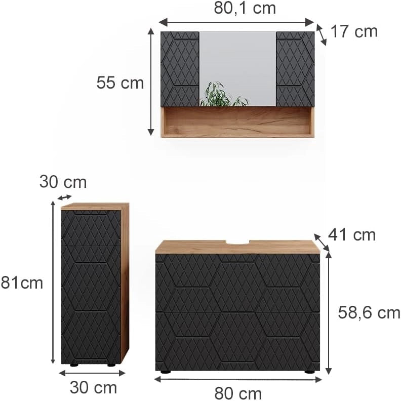 set mobili bagno Irma, Quercia dorata/Antracite, 3 pezzi, con cassettiera e mobile midi