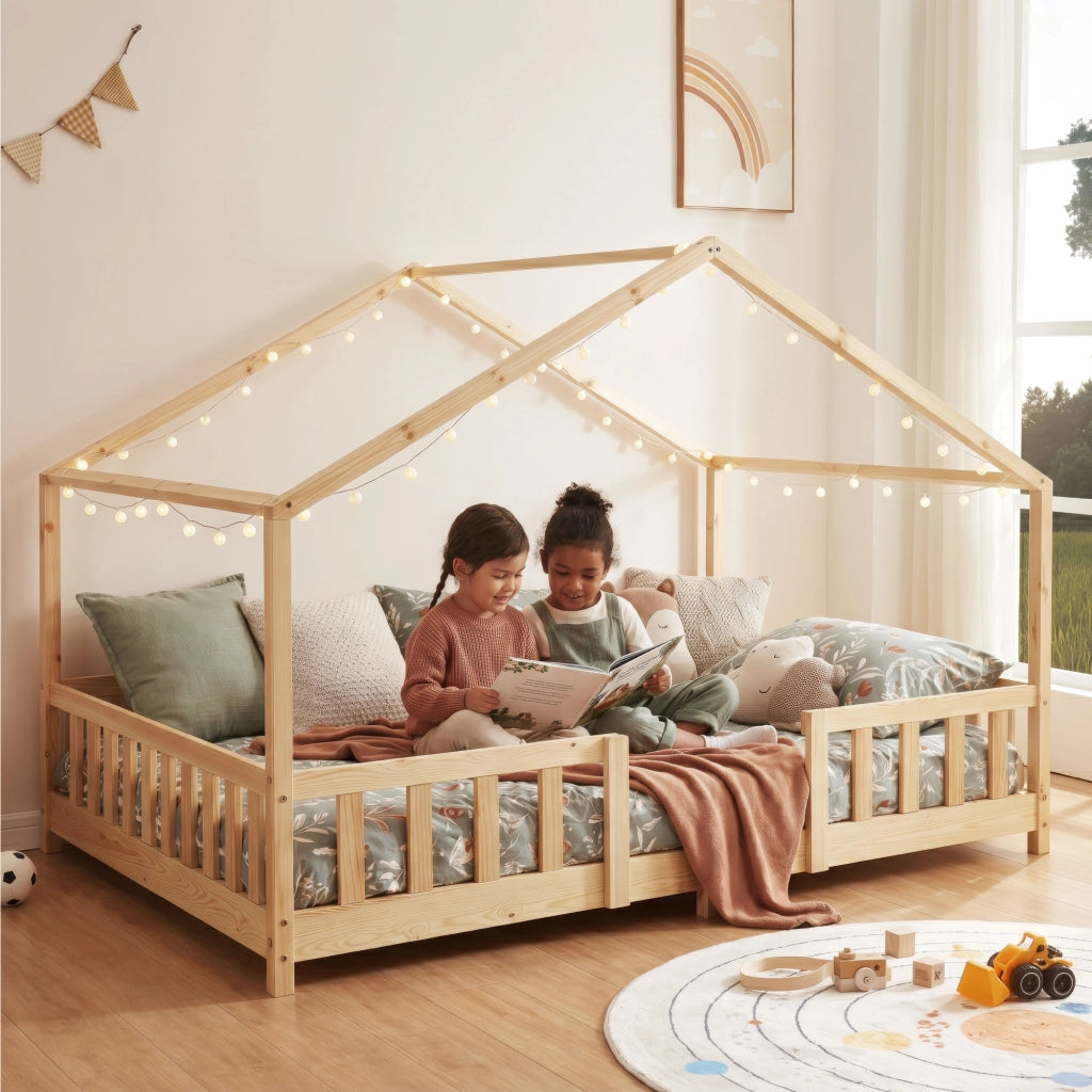 Letto per Cameretta Treviolo a Forma di Casetta in Stile Montessori 140x200 cm Naturale [en.casa]