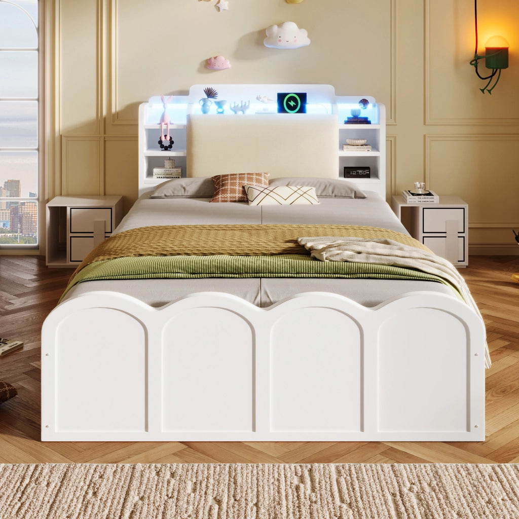 OKWISH Letto Contenitore 90×200 cm, Letto Singolo con USB e Tipo C, LED Regolabile e Contenitori, senza Materasso, Bianco
