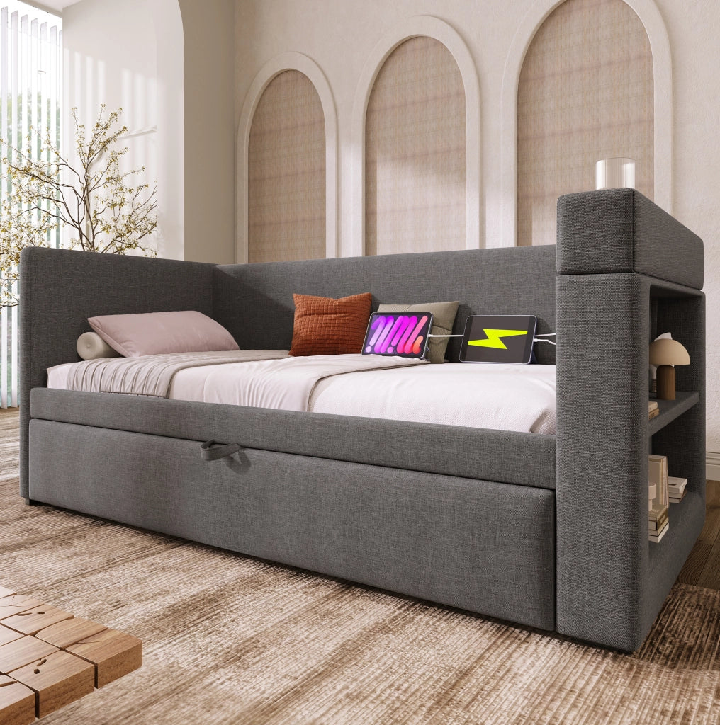 Divano letto 90x190 cm con letto estraibile, USB-C, grigio