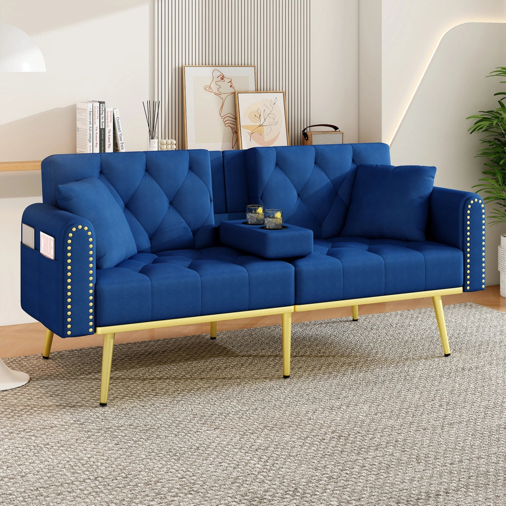 Divano letto convertibile con schienale regolabile, portabicchieri, tasca laterale e cuscini in velluto blu