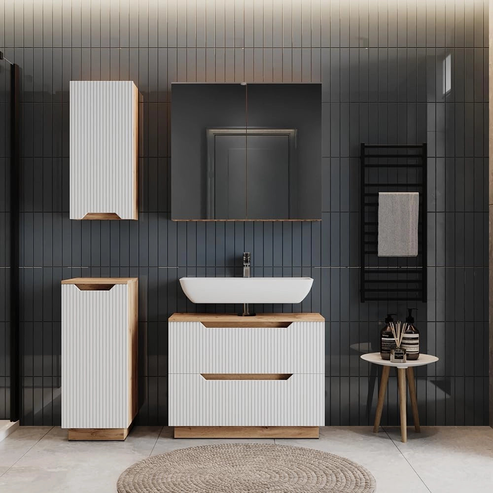 Set di mobili da bagno Lotta, Rovere/bianco a strisce, 4 parti