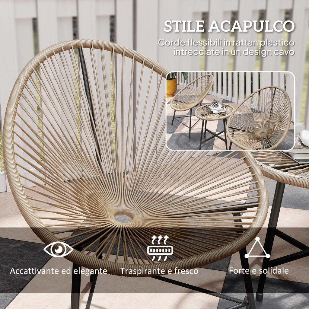 Set da Giardino 3 Pezzi con 2 Sedie con Cuscini e Tavolino da Caffè a Cilindro in Rattan PE Legno e Nero