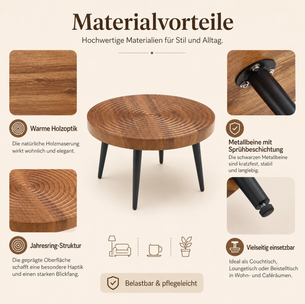 Tavolino da caffè rotondo in MDF e metallo effetto noce con gambe nere