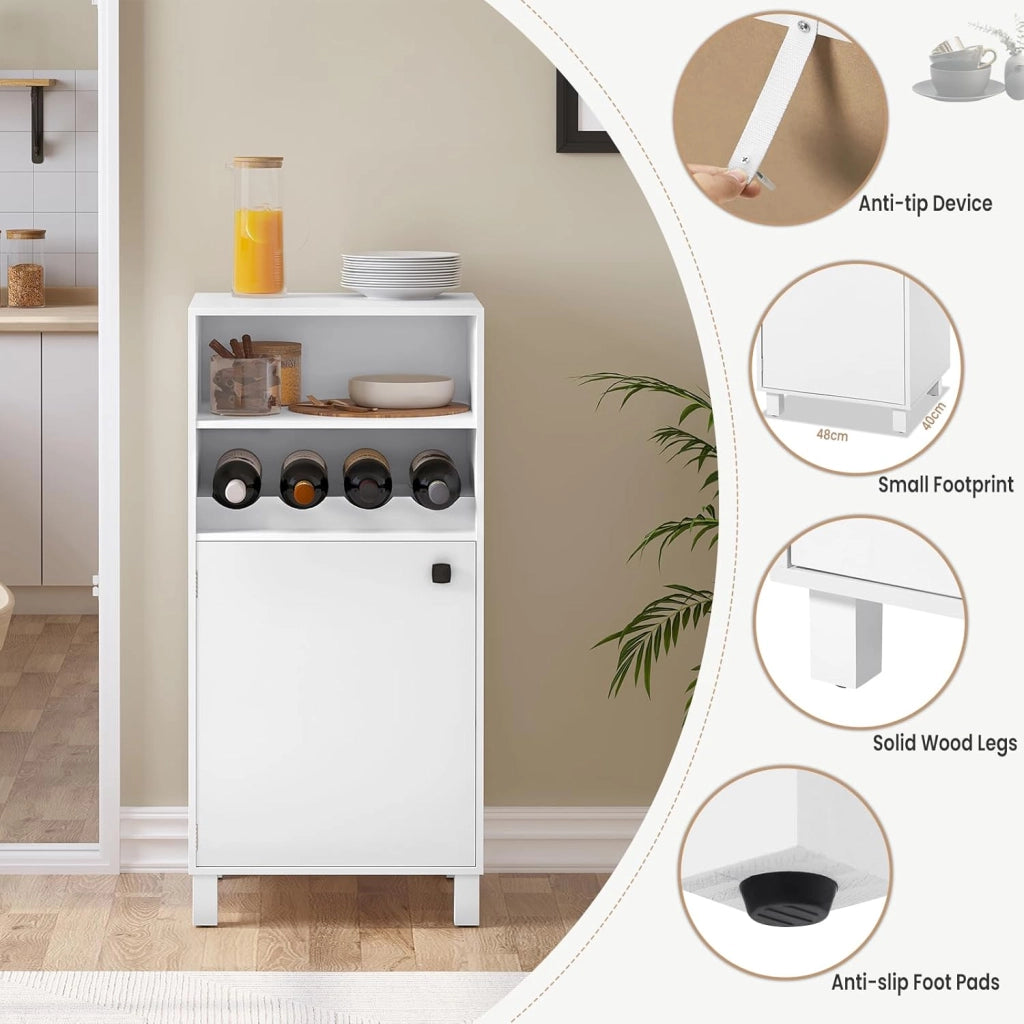 Credenza da Cucina con Portabottiglie per 5 Bottiglie, Libreria Chiusa Anta Bianca, Mobiletto Multiuso con Ripiani Regolabili, Scaffale Portaoggetti, in Legno e Metallo, 48x40x108cm